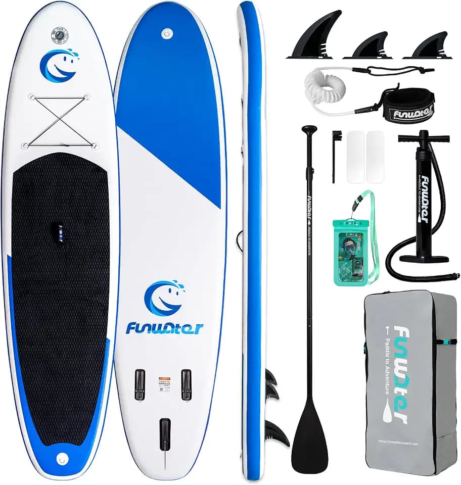 FunWater Aufblasbar Stand Up Paddleboard All Round SUP – Mit verstellbarem Paddel, Pumpe, Rucksack, Leash und Finnen- Für alle Könnensstufen geeignet