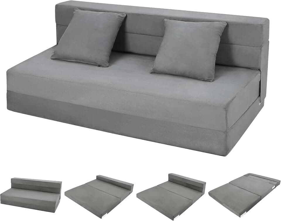 Takewep Convertible Folding Sofa Bed, Futon Sleeper Chair with Pillow, High-Density Memory Foam Sofa Bed, Foldable Mattress for Living Room/Dorm/Apartment, Queen Size, Gray
