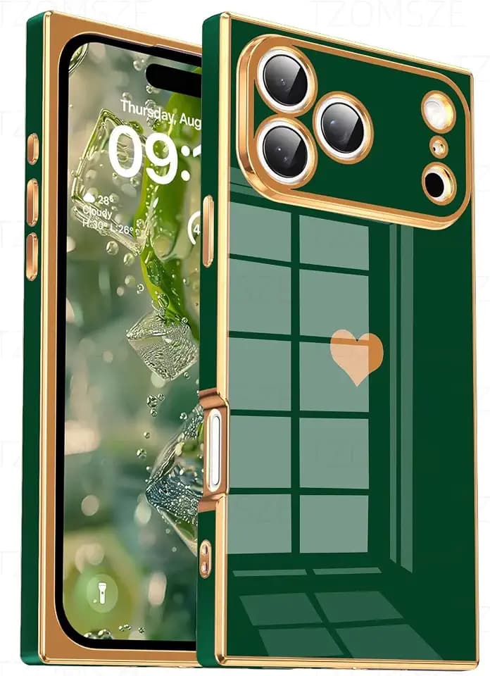 Tzomsze Compatible with iPhone 17 Pro Max Case for Women Girls,Camera Protection Cute Heart Pattern & Electroplate Reinforced Corners Shockproof Edge Bumper Case-Dark Green