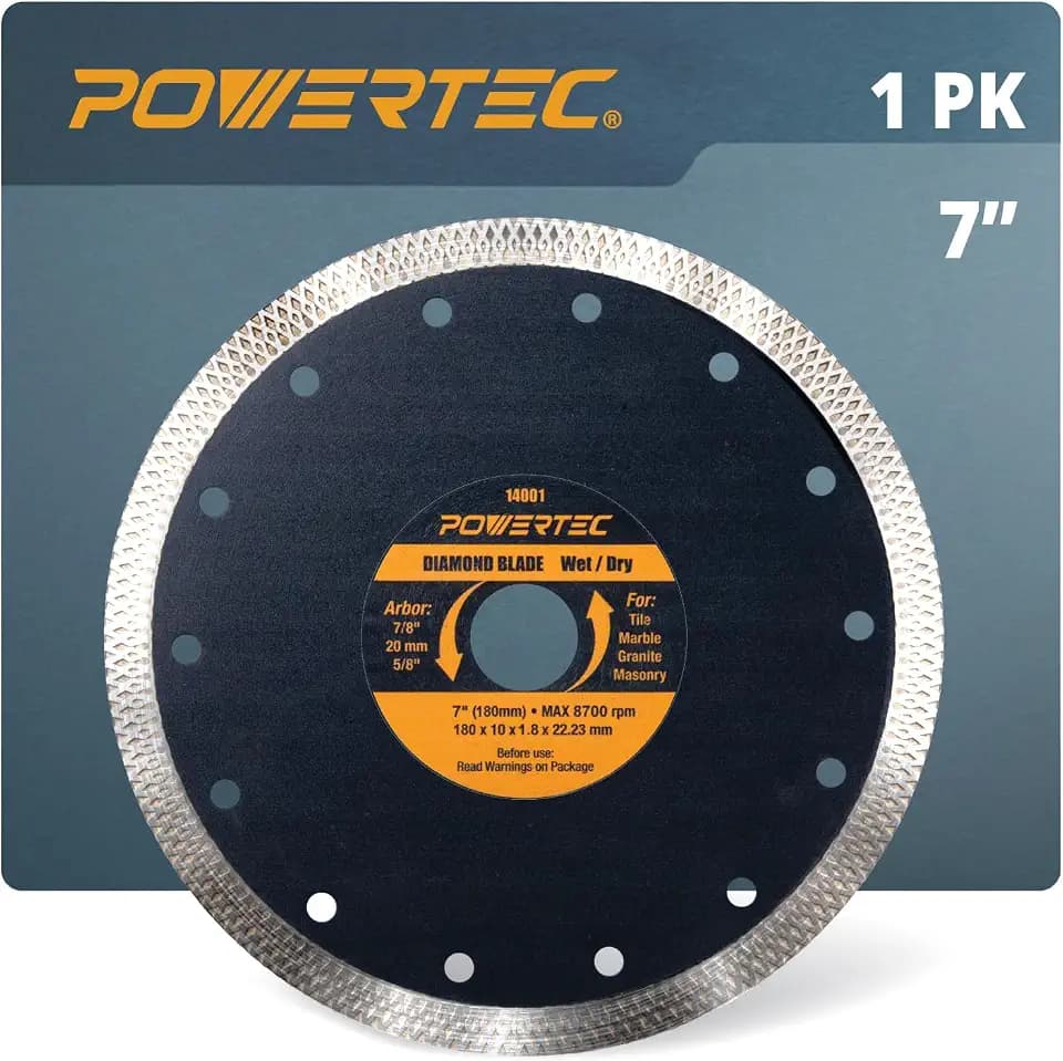 POWERTEC Diamond Saw Blades 7 Inch, Tile Saw Blade Wet, Concrete Blade for Circular Saws, Super Thin Turbo Mesh Rim Blades Cutting Porcelain, Granite & Ceramic Tile, Masonry, Brick and Marble - 14001