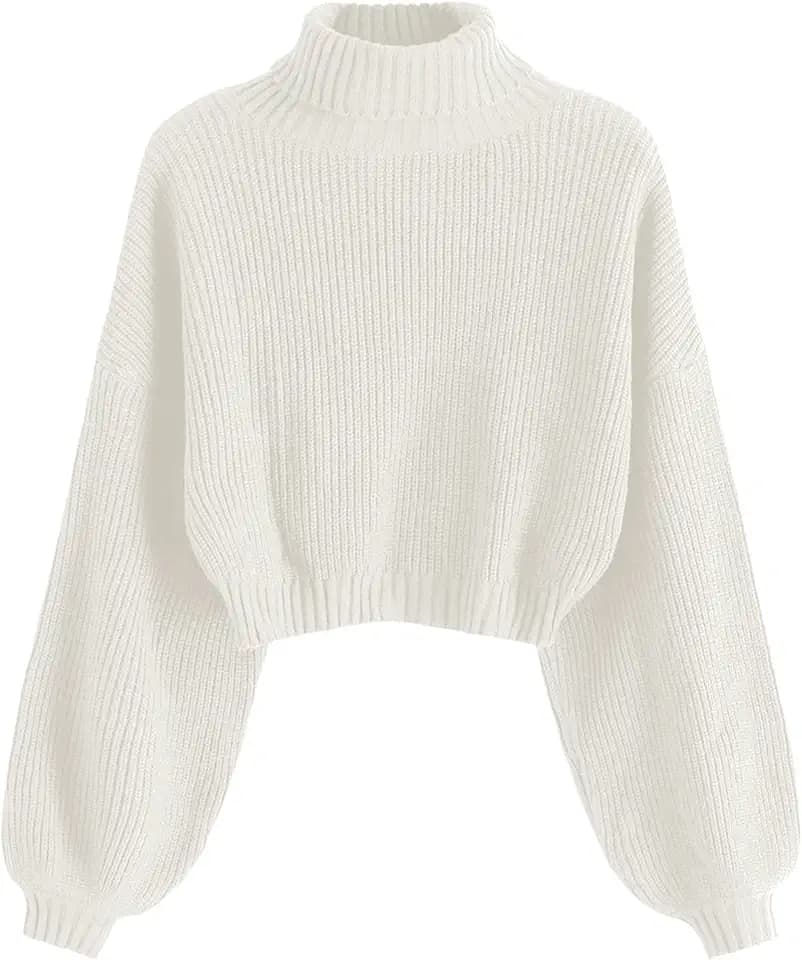 ZAFUL Women's Cropped Turtleneck Sweater Lantern Sleeve Ribbed Knit Pullover Sweater Jumper