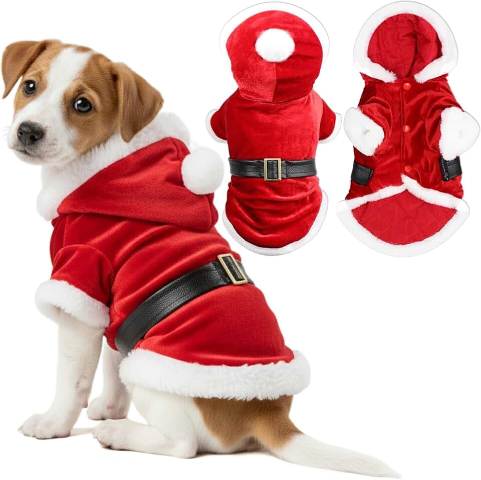 Parisian Pet Dog Santa Hoodie - Santa Claus Dog Christmas Outfit – Xmas Holiday Puppy Hoodie – Winter Pet Sweater – Soft Velvet Christmas Doggy Clothes for Small Dogs - S
