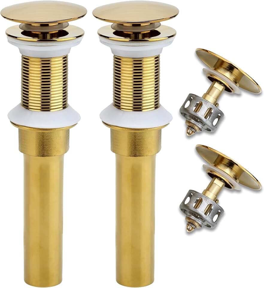 Rockgoya Bathroom Sink Drain, 2 Pack Gold Drain Stopper Bathroom Sink Without Overflow, Pop Up Drain Assembly with Detachable Strainer Basket, Built-in Anti-Clogging Strainer,Stainless Steel