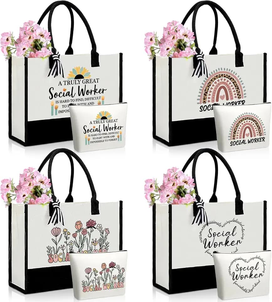 Ceenna 8Pc Social Worker Gifts for Women Canvas Tote Bag and Makeup Bag Set