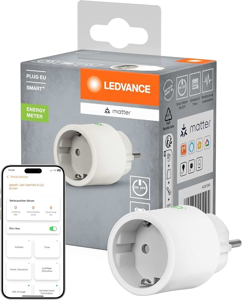 LEDVANCE SMART+ Indoor Plug, Smarte Steckdose mit Matter over WiFi, zur Einbindung konventioneller Geräte ins Smart Home, kompatibel mit Alexa, Google & Apple, misst&spart Stromverbrauch, weiss,1-Pack