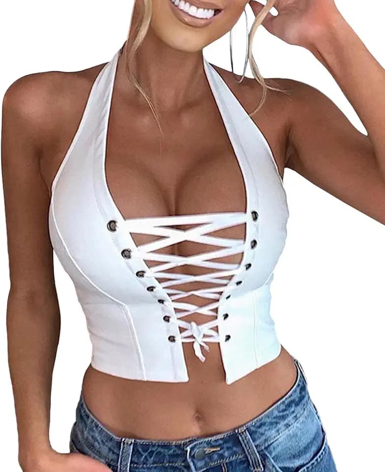 Sexyshine Women's Faux Leather Halter Lace Up Crop Top Club Tank Cami Shirt