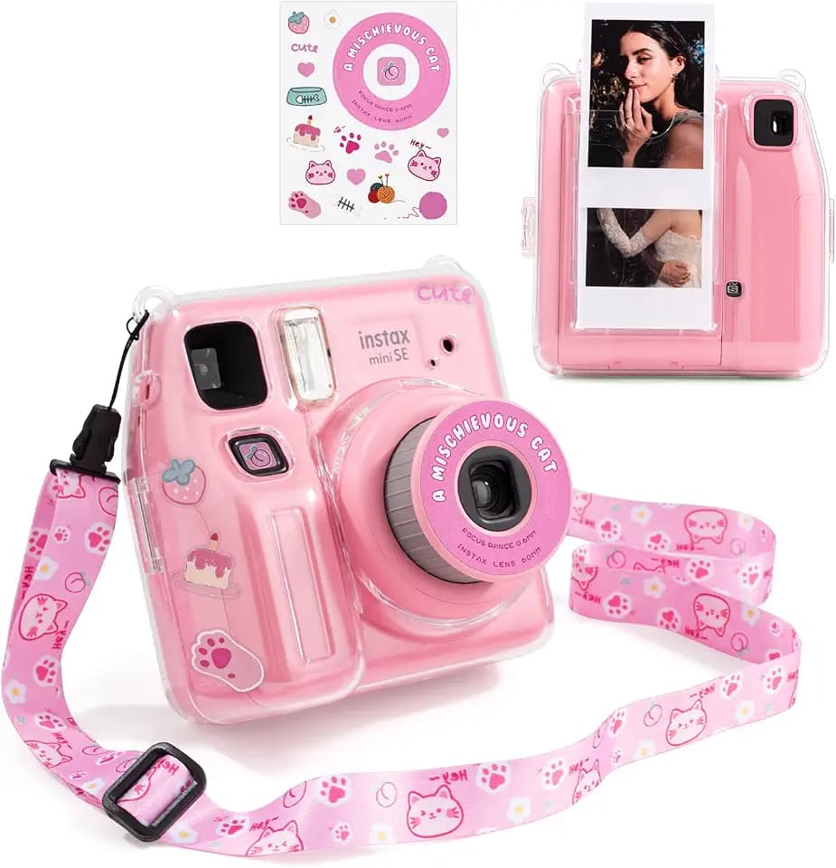 Fuji Mini SE Clear Case, Hard PC Protective Case for Instax Mini SE Instant Camera with Cute Cartoon Sticker & Adjustable Shoulder Strap - Pink Hey Cat