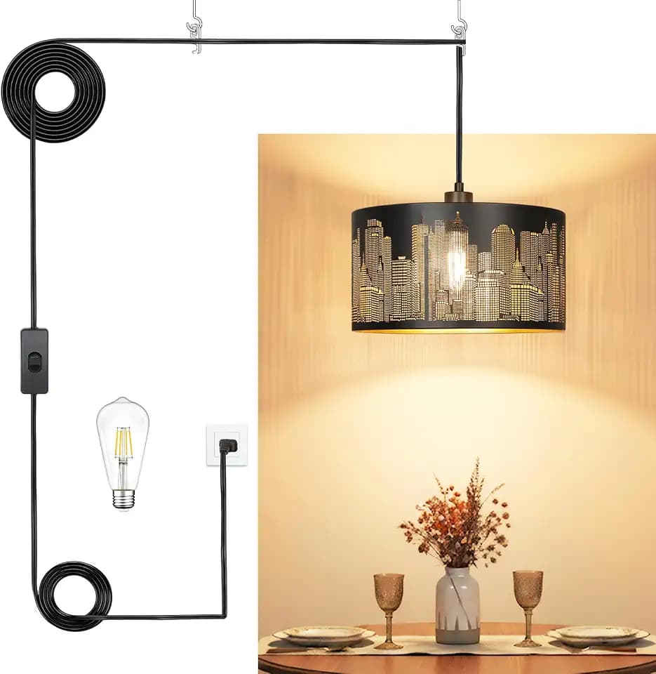 Qingmiao Black Plug in Pendant Light, 3 Way Bulb, 14ft Cord, On/Off Switch