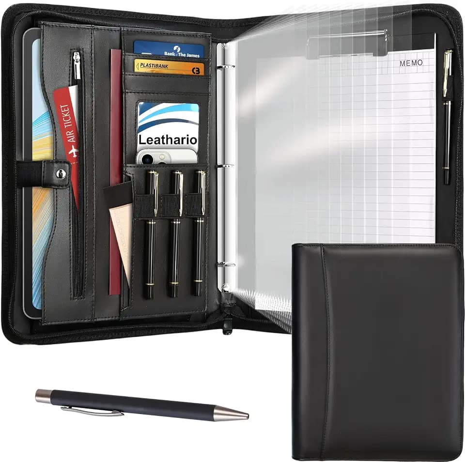 Leathario Portfolio Binder, Padfolio Organizer, 3 Ring Binder with Zipper
