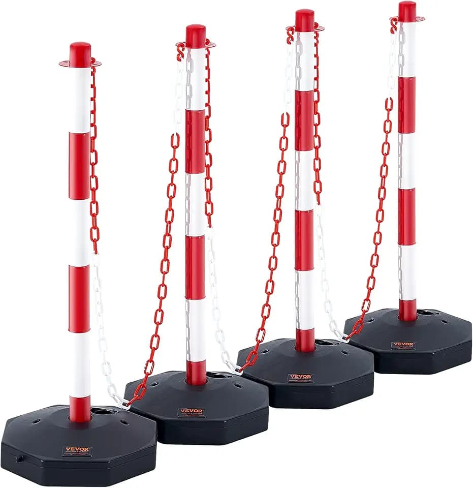 VEVOR Set von 4 Absperrpfosten und 1 Kunststoff-Kette von 10 m Rot und Weiß, Sperrpfosten, Poller Aus PE-Kunststoff für die Verkehrskontrolle oder Warnung an der Auffahrt, Garage, dem Tor usw. Rot