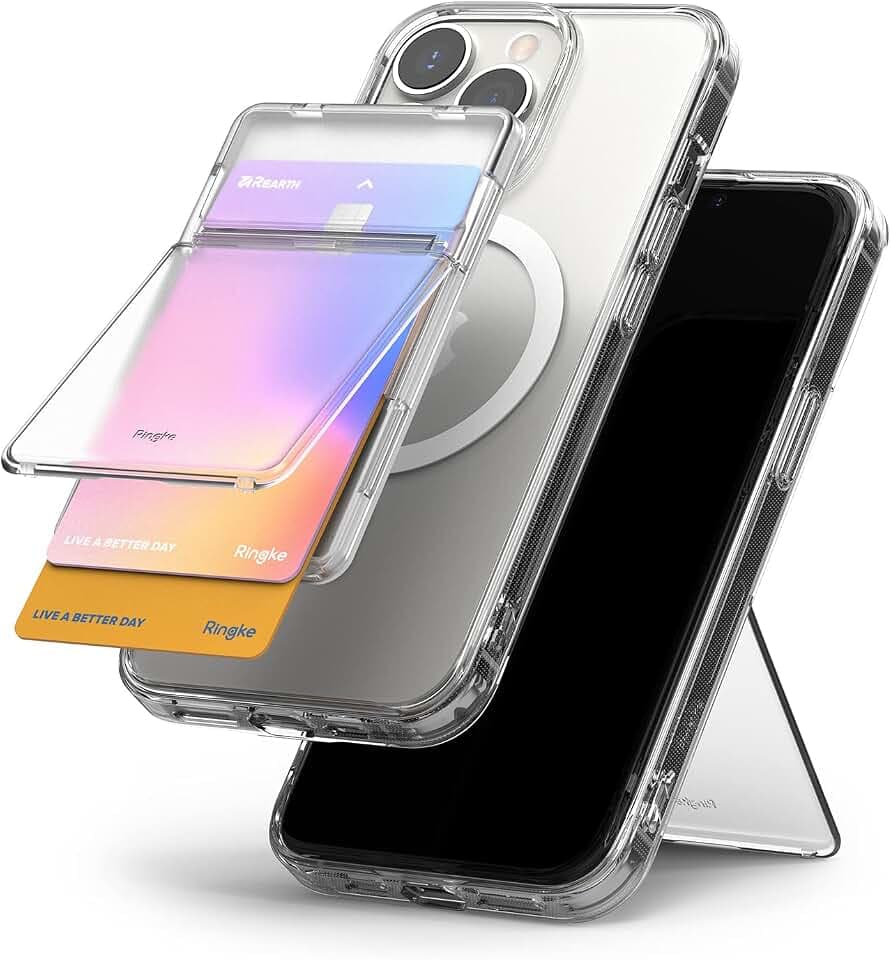 Ringke Magnetic Stand Slot Card Holder [Phone Wallet + Stand] ID & Credit Card Holder for Phone Case, Magnetic Card Wallet Compatible with Magsafe, iPhone 13, 12, Pro Max Mini - Clear Mist