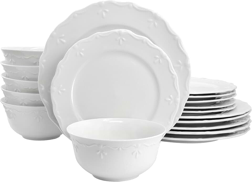 Elama Henryi 18 Piece Embossed Rim Detail Porcelain White Dinnerware Set, Tableware Set, Serveware (18 Piece)