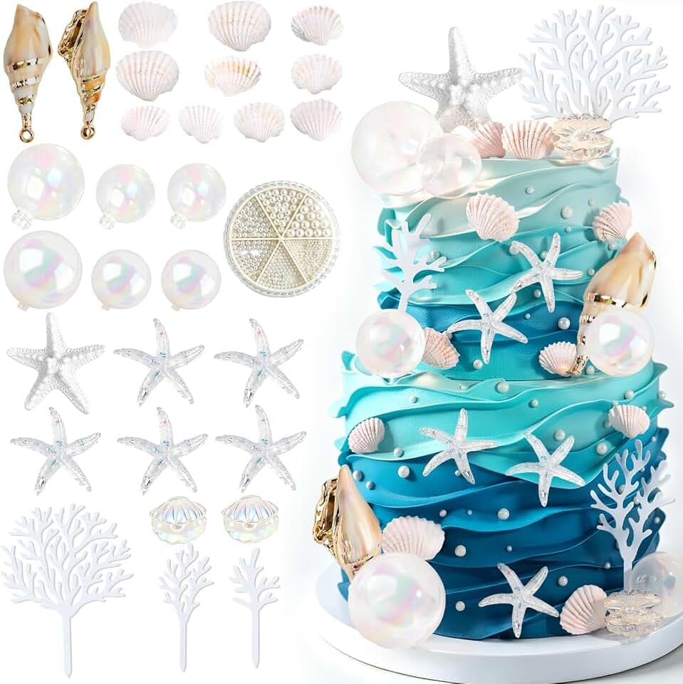 Seashell Cake Toppers 30 Pcs Starfish Conch Beach Cake Decorations
