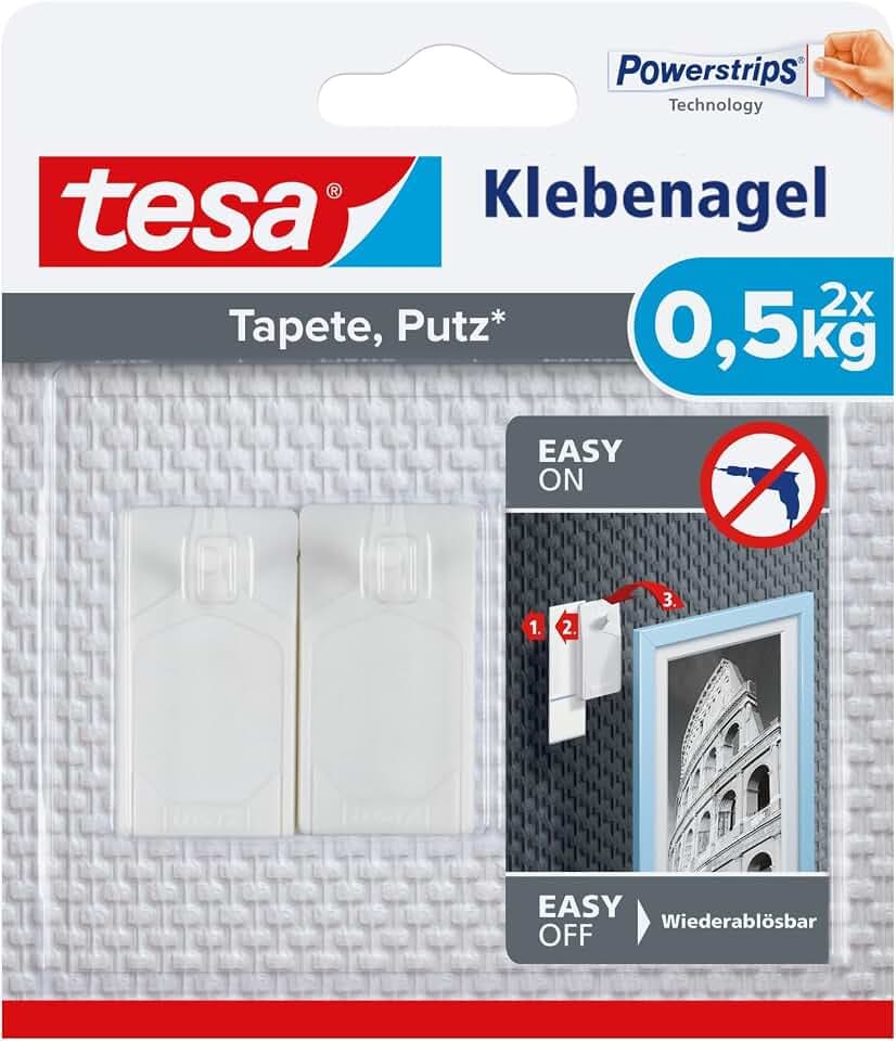 tesa Klebenagel für Tapete & Putz, 0,5 kg - 2 Nägel inkl. Powerstrips