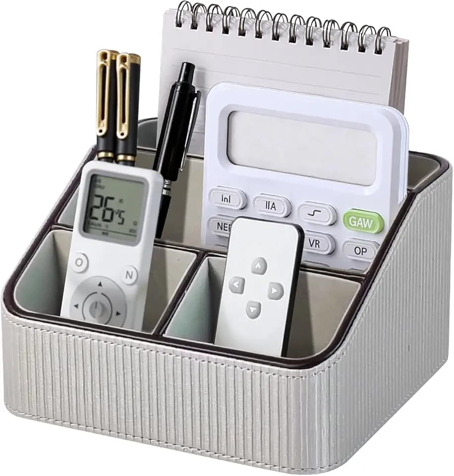 PU Leather Remote Control Holder with 4 Compartments, Small Desk Organizer Office Supply Bedside Caddy, All-in-One Small Bedside Remote Holder Nightstand Desktop Organizer
