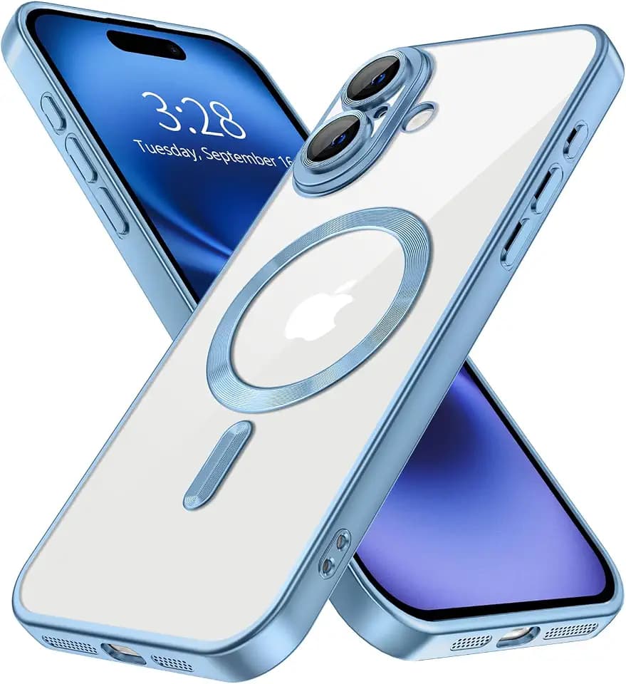 Hython Magnetic Clear for iPhone 16 Plus Case with Camera Lens Protector [Compatible with MagSafe] Luxury Plating Edge Slim Soft TPU Cover Protective Phone Case for iPhone 16 Plus, Matte Light Blue
