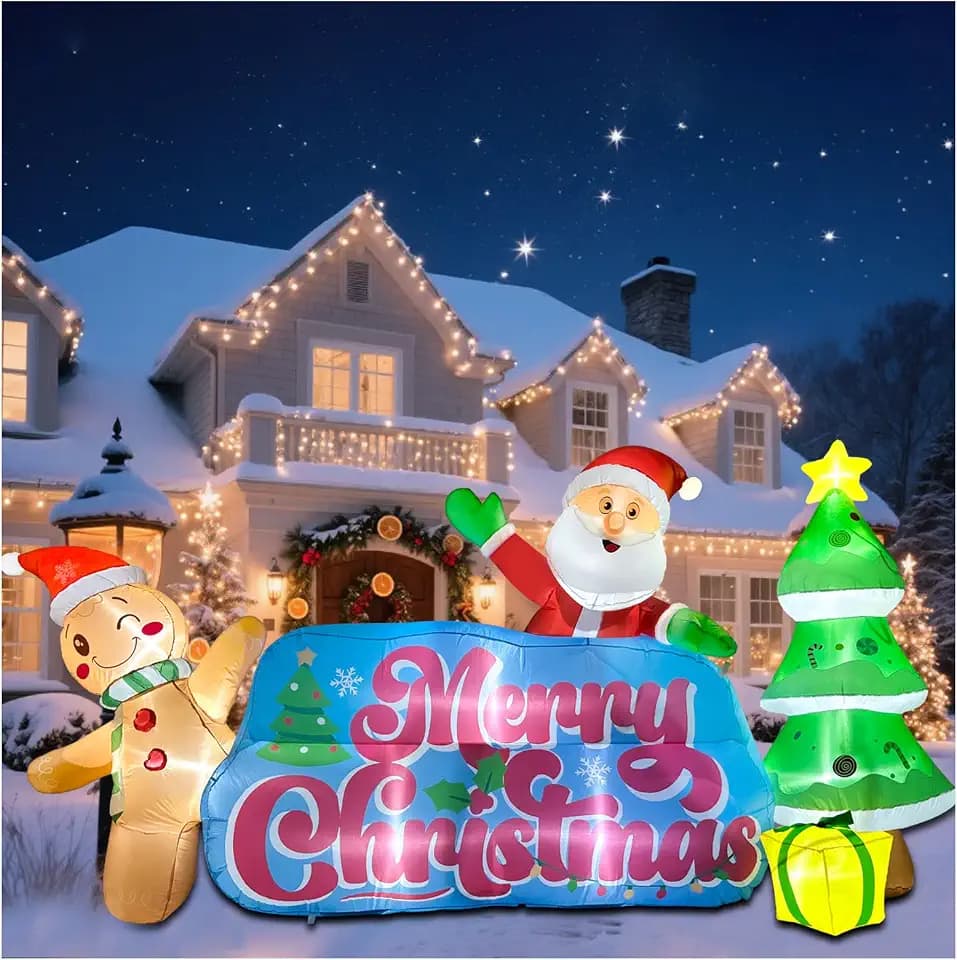 OILCUP 9.2 FT Inflatables Merry Christmas Banner with Santa, Gingerbread Man & Christmas Tree, Blow Ups Outdoor Inflatables Sign with Build-in LEDs for Lawn Yard Winter Holiday Xmas Party Decor