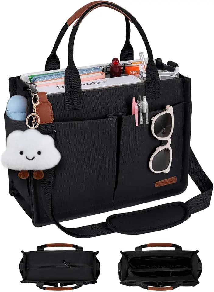 BESBESME Canvas Tote Bag for Women with Zipper, Work Laptop Purse with Compartments & Luggage Sleeve, Adjustable Strap
