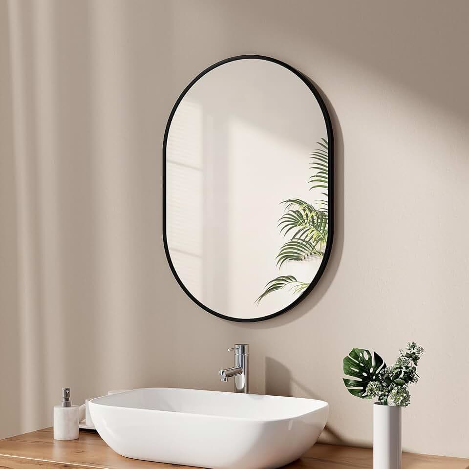 EMKE Badspiegel Oval 50 x 70 cm Spiegel mit Schwarzer Rahmen Wandspiegel Oval Horizontal/Vertikal Badezimmerspiegel Ovaler Spiegel Schwarz Dekorativer HD Wandspiegel für Badezimmer, Flur