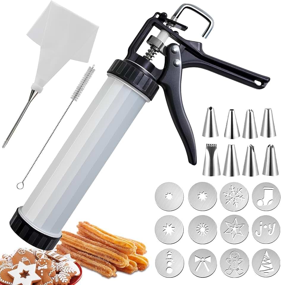 Gebäckpresse für Spritzgebäck Spritzgebäck Presse Churros Maker Presse Maschine Spritze Kekspress mit 12 Schablonen,8 Tüllen und Spritzbeutel, Teigspritze Plätzchenpresse für Kuchen Kekse