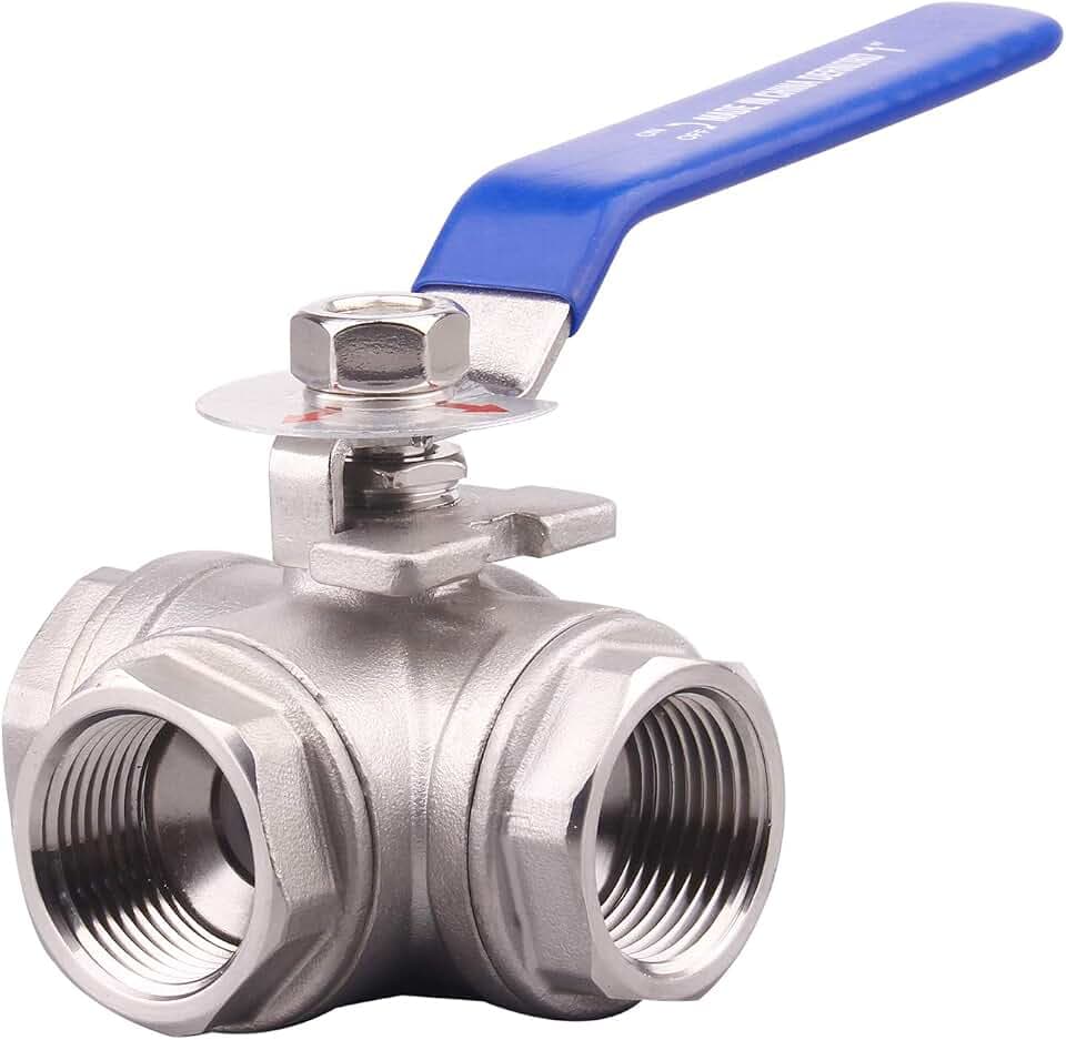DERNORD 3-Way Ball Valve, L Mounting Pad, Stainless Steel 304 Female Type for Water, Oil, and Gas with Vinyl Locking Handle (1 Inch NPT)