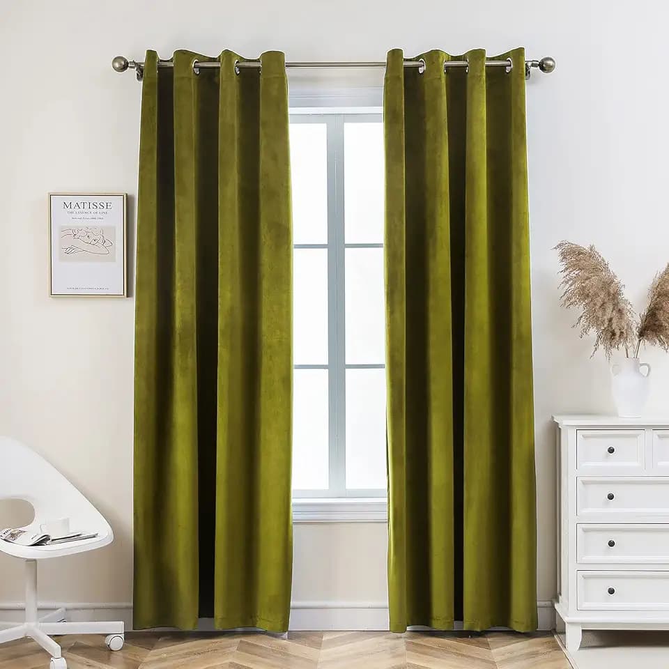 PLEASANT BOULEVARD | Velvet Curtains [2 Panels] Elegant Living Room Bedroom Window Drape Curtains, Grommet Eyelet Style (52" W x 108" L, Olive Green)