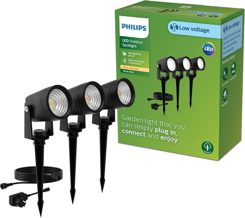 Philips Reuel Outdoor GardenLink Niedervolt-Spot, 24 V, 2700 K warmweißes Licht, 180 lm, Schwarz, Starter-Set, 3er Pack, EU-Stecker