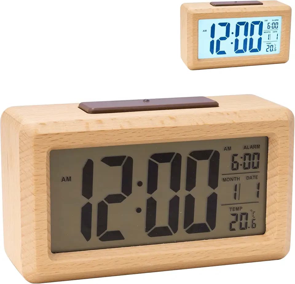 Relaxdays Wecker digital, Holz, Datums- & Temperaturanzeige, natur