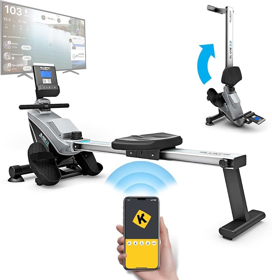Bluefin Fitness BLADE Heim-Gym Zusammenklappbares Rudergerät | Anpassbarer magnetischer Widerstand | 8xIntensitäts-Stufen | Reibungsloser Riemenantriebe | Digitale LCD-Fitness-Konsole | Smartphone-App