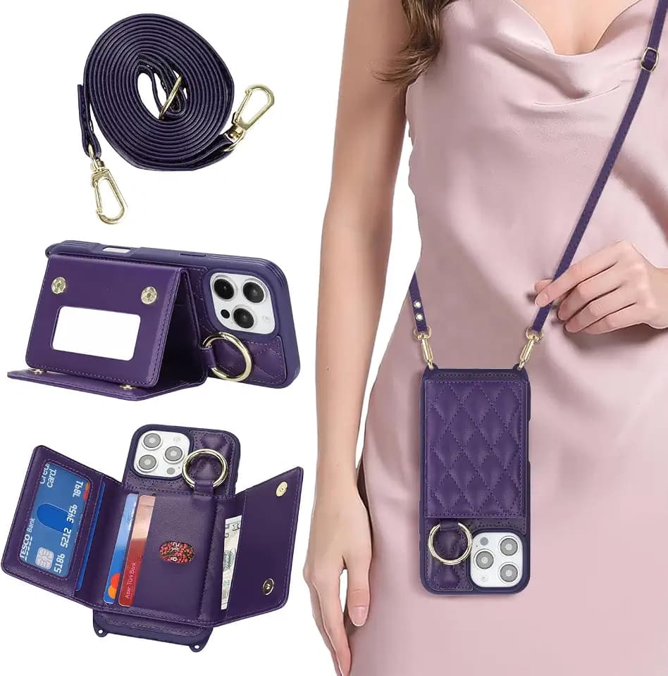 for iPhone 16 Pro Max Case with Card Holder and Strap, Deep Purple