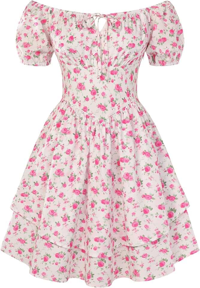 SCARLET DARKNESS Sommerkleid Damen Blumenmuster Kurzer Strandkleider A-Linien Mini Plissierter Saum Tunikakleid