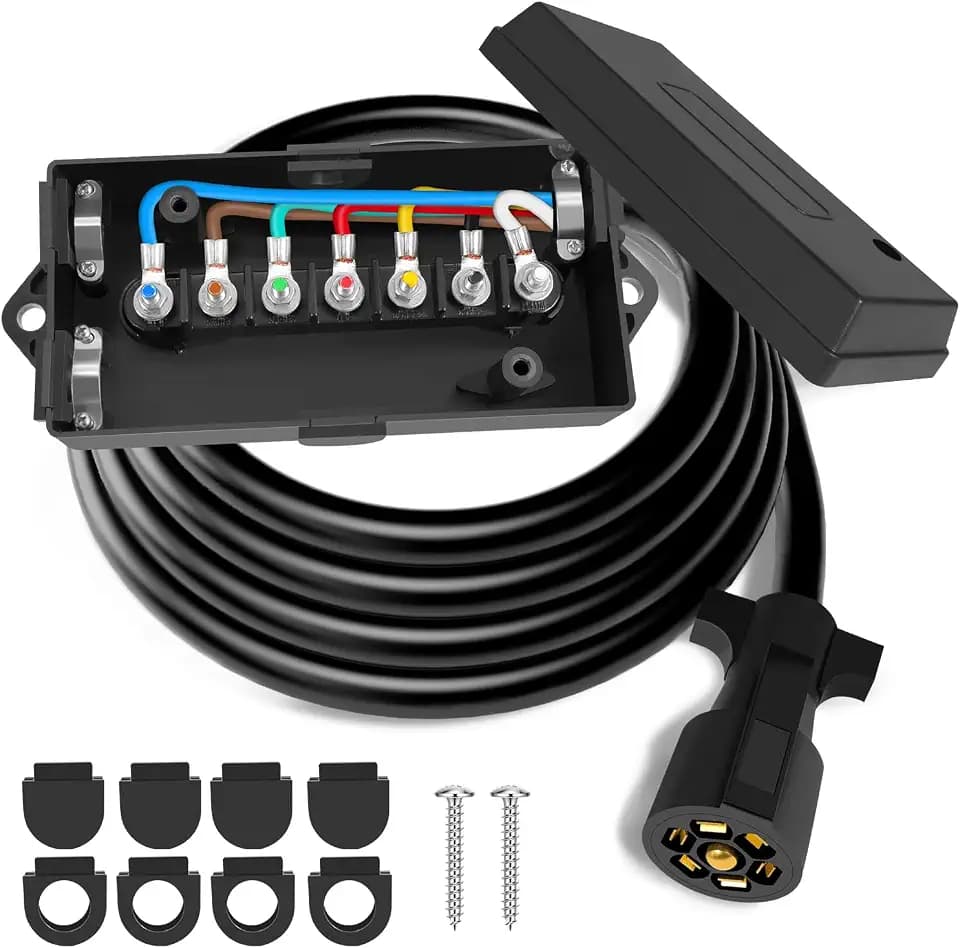 Agrieyes 7 Pin Trailer Wiring Harness, 8 FT Heavy Duty 7 Way Trailer Wiring Harness Kit with 7 Gang Junction Box, Trailer 7 Wire Harness for RV, Towing, Boat, Tow, Truck, 7pin Plug Cord Brake