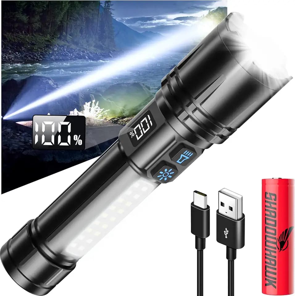 Shadowhawk Taschenlampe Led Aufladbar Mit LCD Display & COB Seitenlicht, 7 Modi XHM90.2 500000 Lumen Led Taschenlampe Extrem Hell,Tragbar Taktische Taschenlampen,Starke Flashlight Für Outdoor Camping