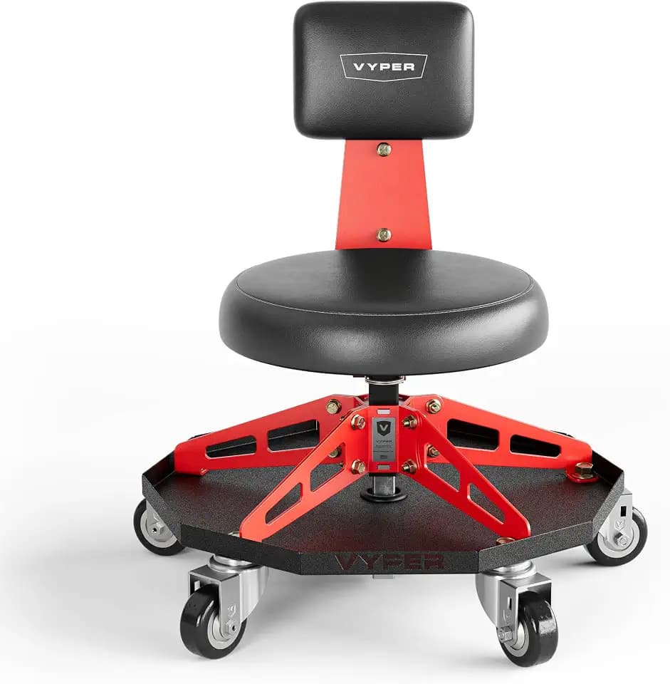 Vyper Robust Steel Sport Shop Chair for Mechanics, Black Seat, Red Frame