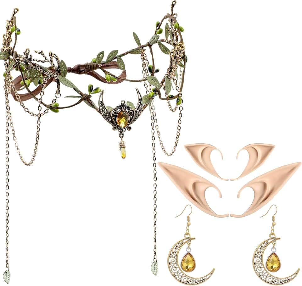 MOSTORY Elfenohren Kopfschmuck Ohrringe Damen Set, Diadem mit Quasten und Mond für Cosplay Karneval Renaissance Kostüm