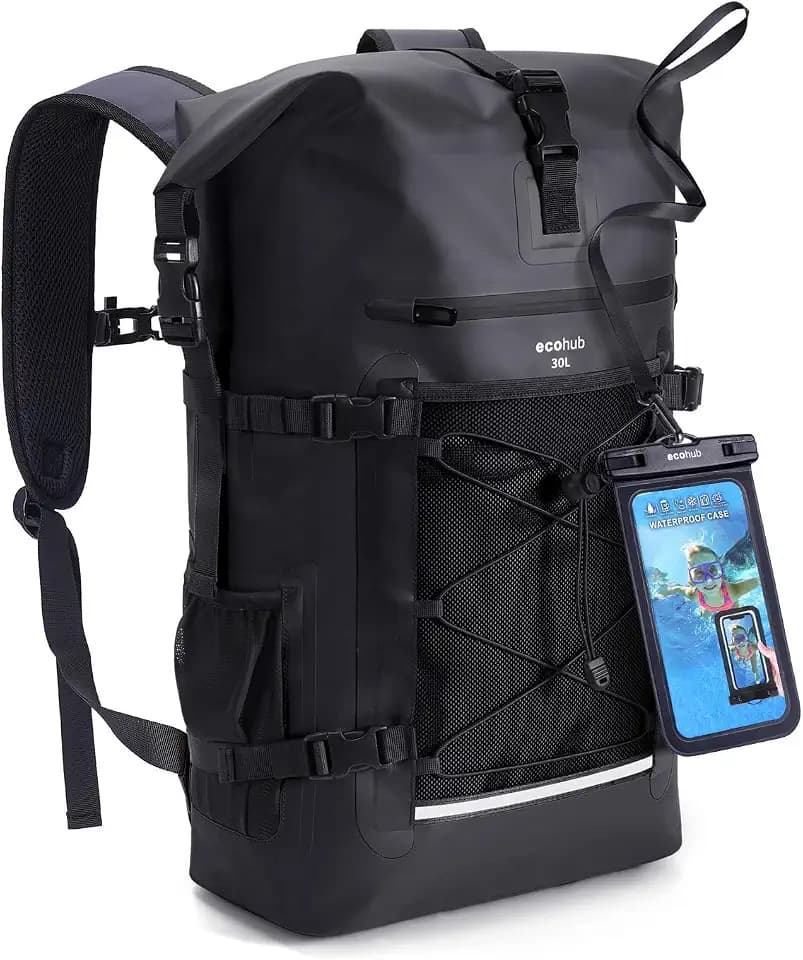 ECOHUB Wasserdichter Rucksack, Rolltop mit IPX8 Handyhülle & Atmungsaktive Rückenpolsterung, Dry Bag für Kajak, Bootfahren, Wandern, Camping, Angeln, Rafting, Lieferfahrer, 30L, Schwarz