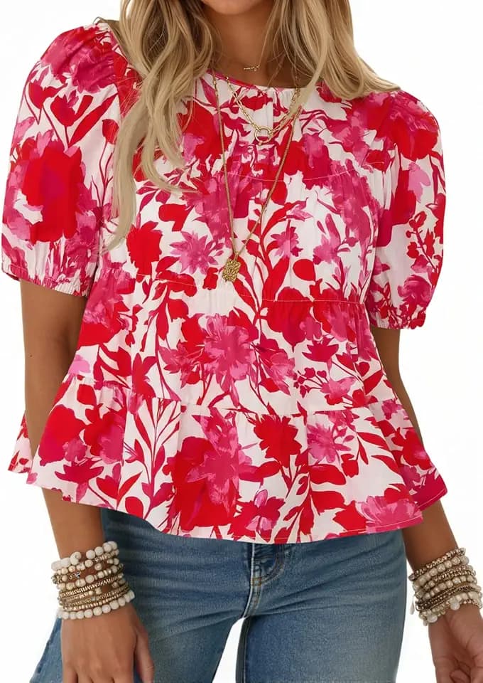 Tankaneo Womens Puff Sleeve Peplum Babydoll Tops Summer T-Shirts Blouse