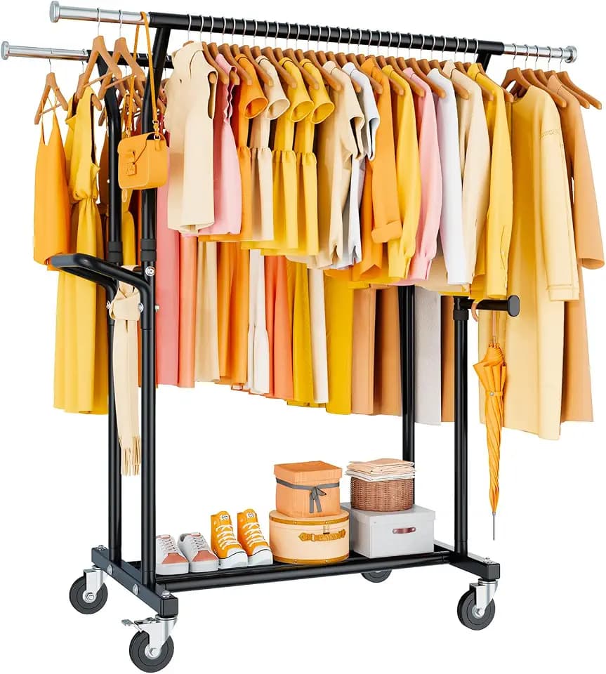 800LBS Heavy Duty Clothes Rack: Rolling Clothing Rack for Hanging Coat Double Rods Portable Wardrobe Garment Racks with Wheels Shelf Sturdy Metal Adjustable Bedroom Laundry Living Room (Brown)