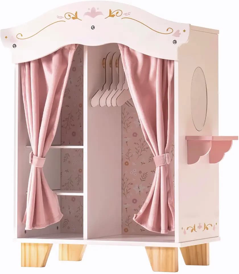 ROBUD Holzpuppenschrank mit Spiegel und 5 Kleiderbügeln Kinder ab 3 Jahren