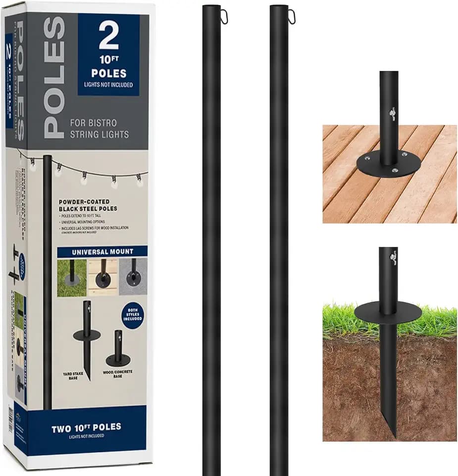EXCELLO GLOBAL PRODUCTS Bistro String Light Poles - 2 Pack - Extends to 10 Feet - Universal Mounting Options Included
