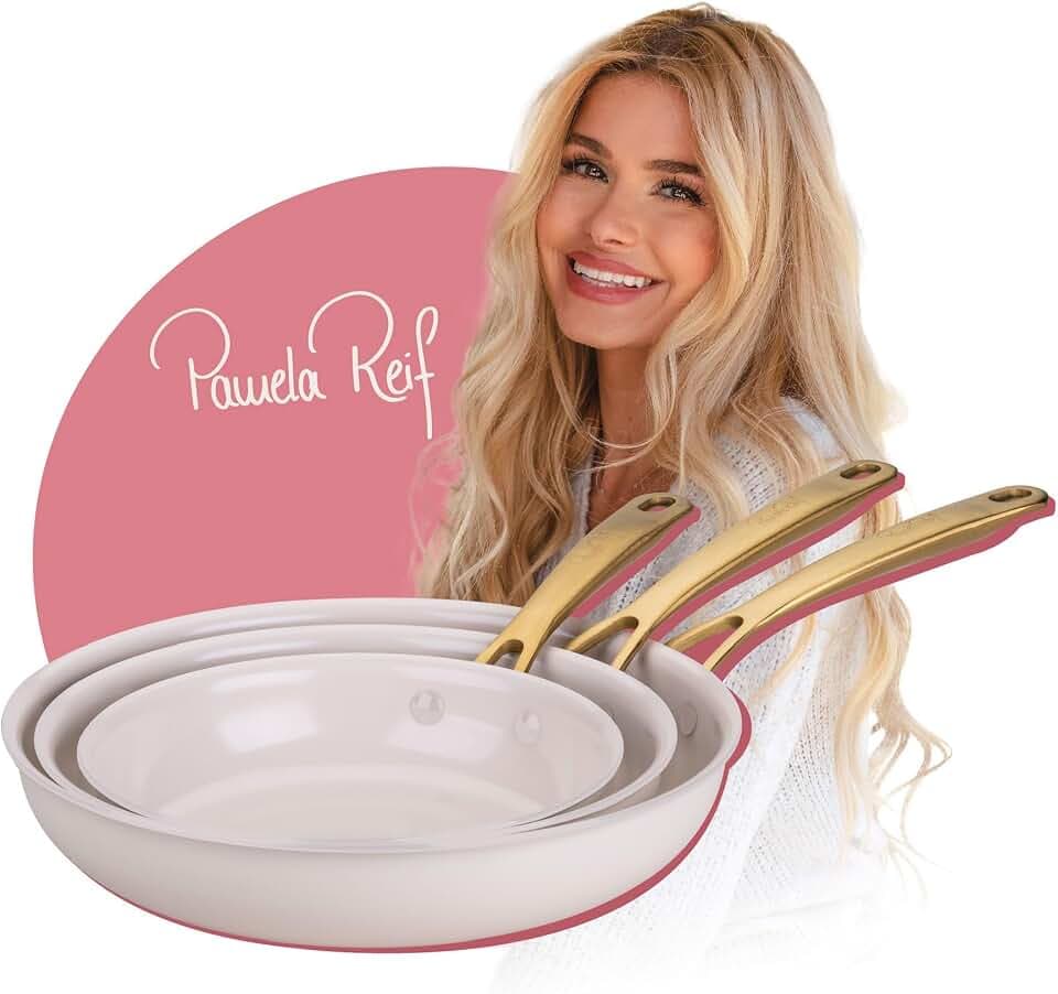 Fackelmann x Pamela Reif Bratpfannen-Set 3-tlg. Ø 20/24/28 cm – aus recyceltem Aluminium, Pastell-Beige, PFAS-freie keramische Beschichtung, hitzebeständig bis 160 °C, für alle Herdarten
