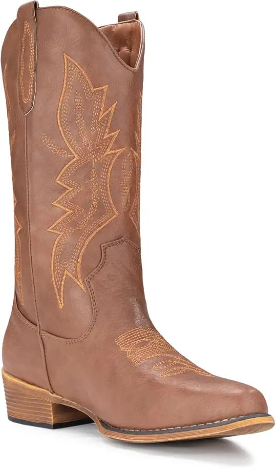 IUV Cowboy Boots for Women Mid Calf Pull-On Cowgirl Boots