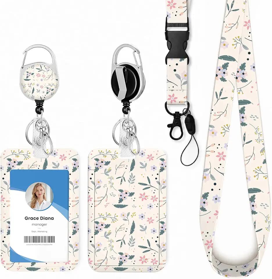 ID Badge Holder with Lanyard Retractable Badge Reel Clip Flowers