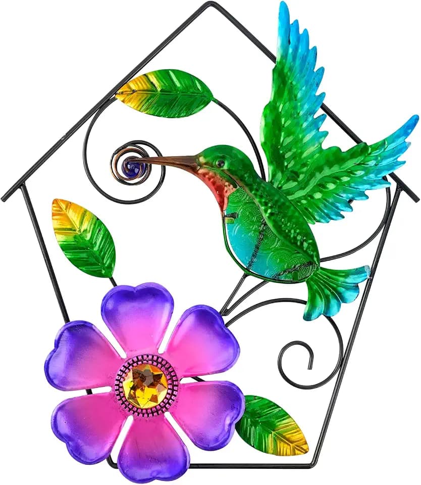 Metal and Stained Glass Hummingbird Birdhouse Design Wall Art
