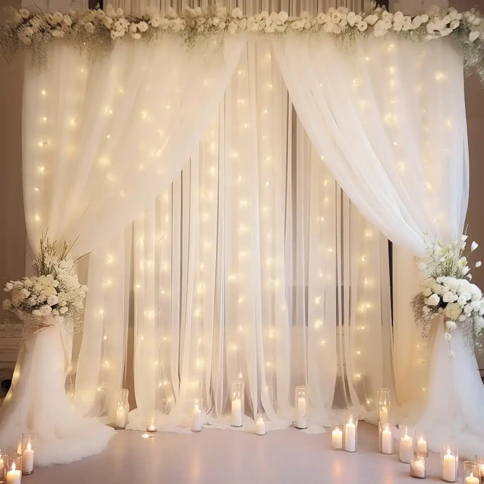 20×10ft White Tulle Backdrop Curtain with Lights String for Parties, Sheer Photo Backdrop Curtains for Wedding Ceremony Birthday Party Bridal Shower Decoration