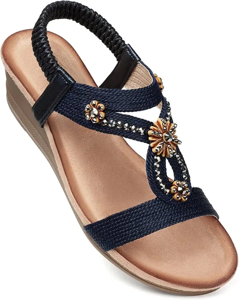 SHIBEVER Darkblue Wedge Sandals for Women Dressy Size 8.5