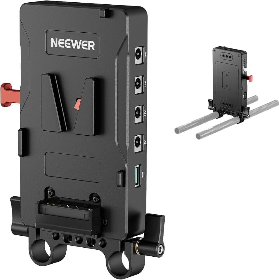 NEEWER V Mount Batterieplatte mit 15mm Rod Klemme, Stromversorgung Splitter PD60W Type C/D Tap/DC15V, Kompatibel mit Fxlion Sony NEEWER V Mount Akku, Kompatibel mit SmallRig Video Rig, VB-A1