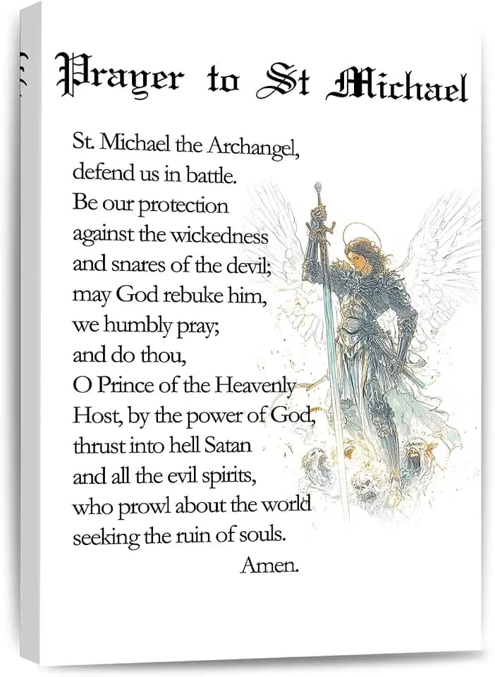 Prayer to St Michael the Archangel Christian Canvas Wall Art Print Catholic Gifts Saint michael Poster Farmhouse Painting for Home Office Motivational Decor Framed 8 * 12 Inch
