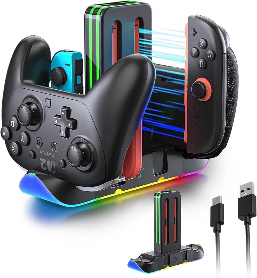 Switch 2 Controller Charging Dock, 6-in-1 Charger for 4 Joy-Cons & 2 Pro Controllers, RGB Charging Station for Nintendo Switch 2, OLED & Switch
