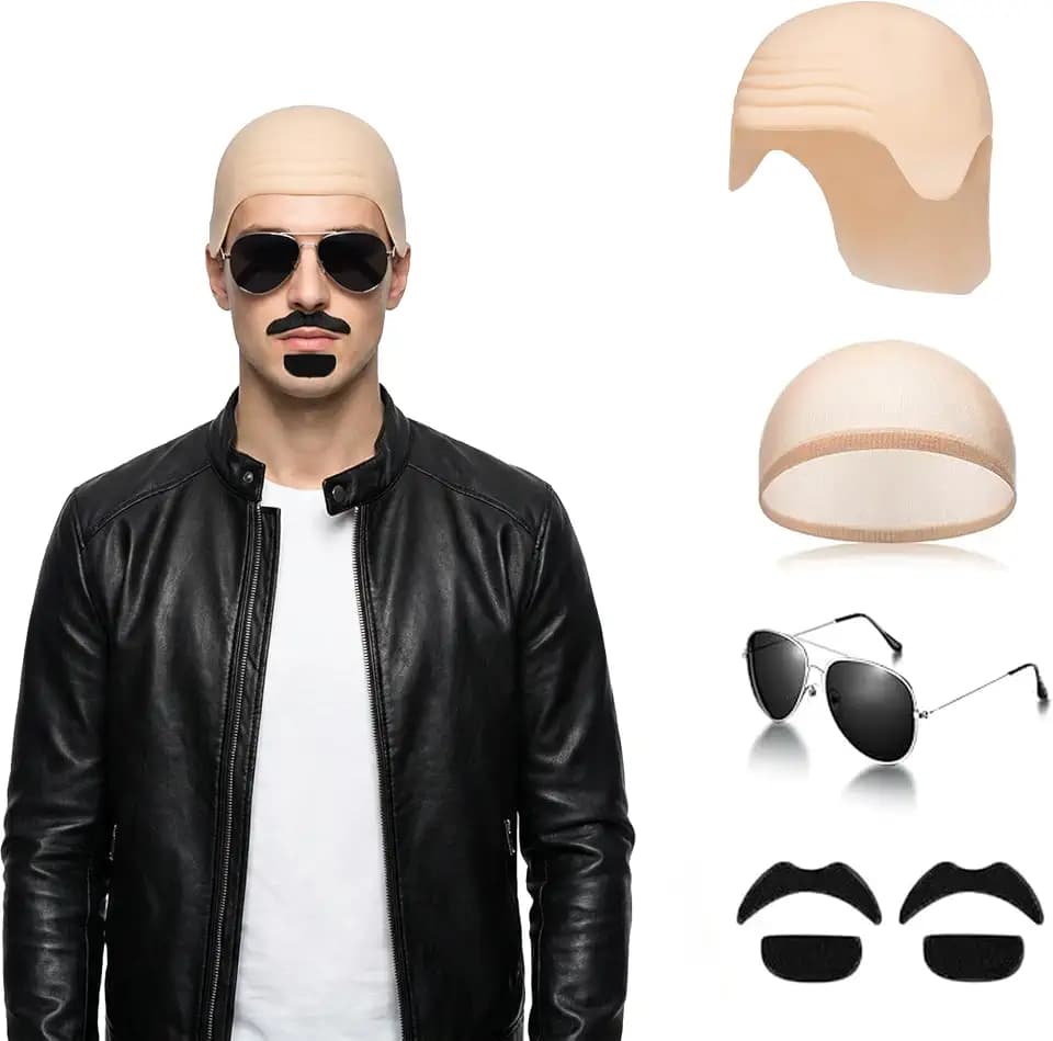 Bald Cap Set for Women and Men, Featuring Wig Cap, Aviator Sunglasses, and Fake Mustache – Ideal for Concerts, 80s Parties, Cosplay Events, Holloween Beige/Black